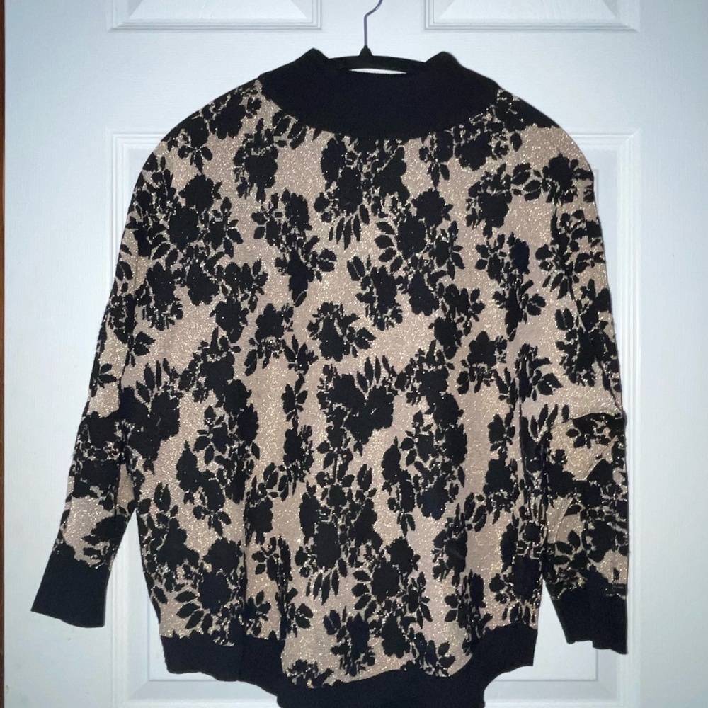 Adrienne Vittadini Black and Metallic Gold Mock Neck Sweater